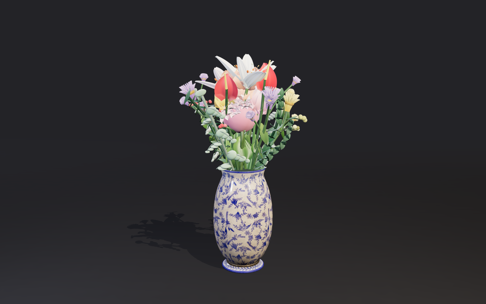 Floral Atelier preview: broad multicolor bouquet in an antique patterned ceramic jar (Poly Haven CC0 scan) on a deep charcoal stage